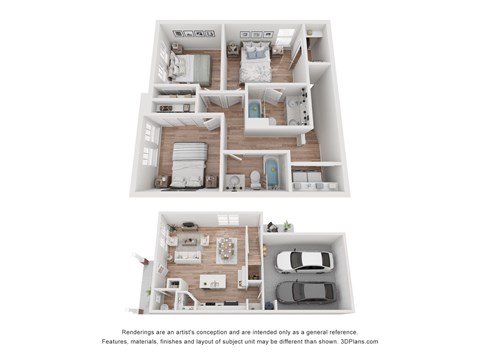 Floor plan for 3 beds, 2.5 baths, 1261 sqft